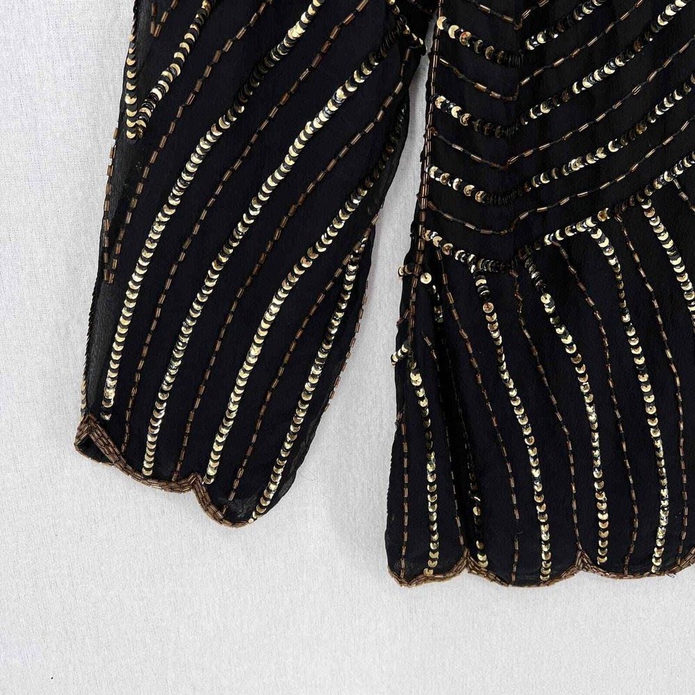 VINTAGE 80s Sequin Top Women Small Black Gold Beaded Silk Party Blouse Disco - Picture 9 of 16